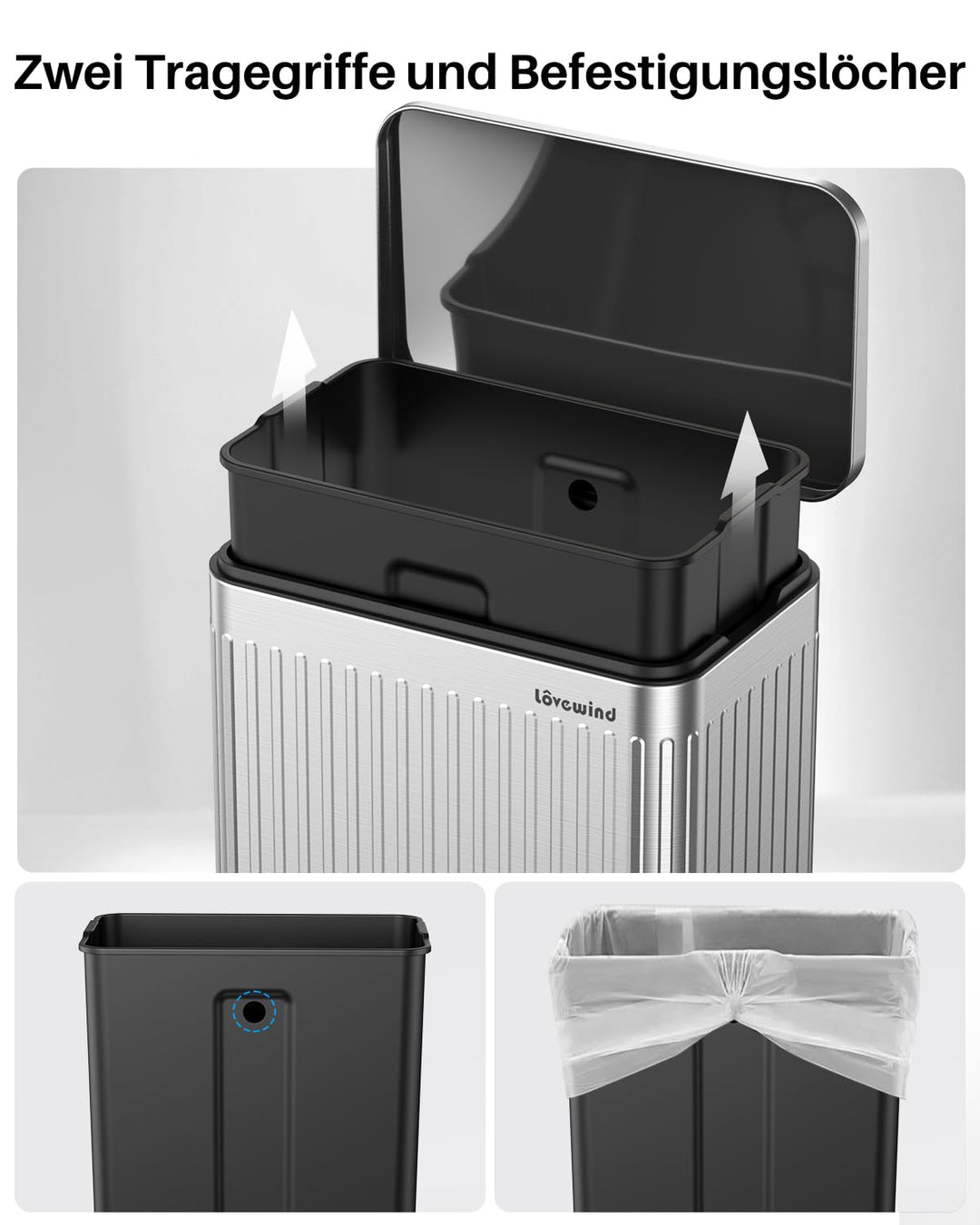 lovewind 60L Mülleimer Küche Edelstahl Silber, Pedal-Behälter mit Soft-Close Deckel, 2 herausnehmbar