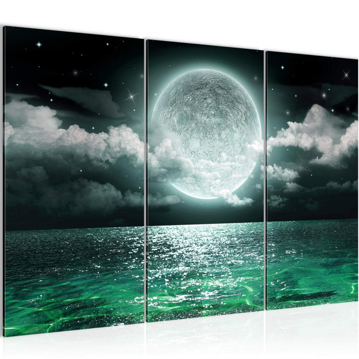 Runa Art Wandbilder Vollmond Meer Bild XXL Wohnzimmer Schlafzimmer Grün Grau Panorama 120 x 80 cm 3