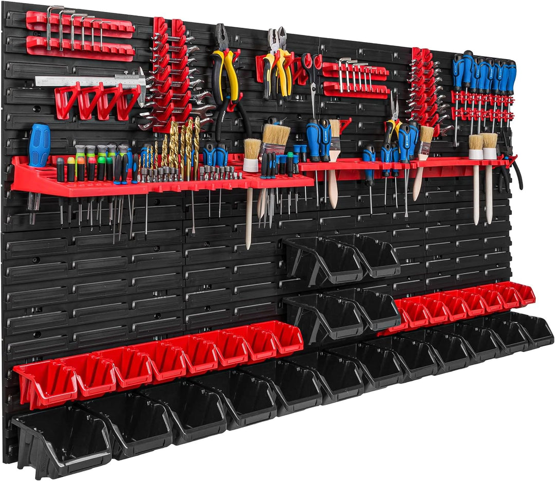 Lagersystem Werkstattregal | 156 x 78 cm | 32 stck. Box | Wandregal mit Werkzeughalterungen und Stap