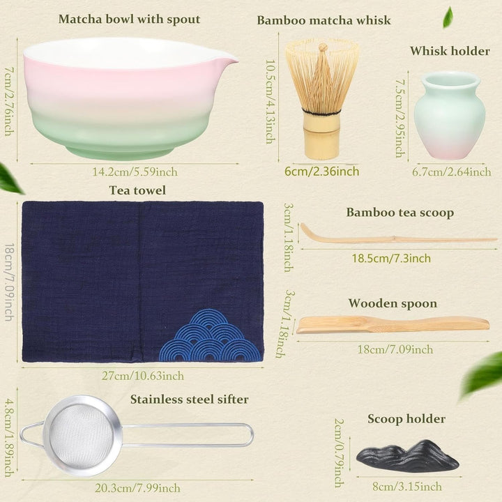 Matcha Set - 8 Stück Matcha Besen Tea Set, Matcha-Schale mit Ausgiesser, Bambus Matcha Whisk, Schauf