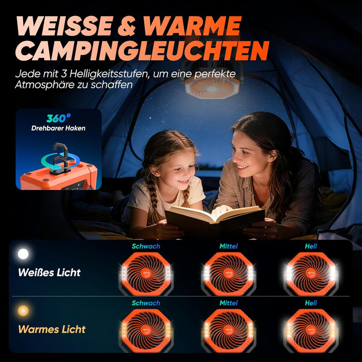 Camping Ventilator mit 24000mAh Akku Wiederaufladbar, HD Digitalanzeige |USB| LED-Licht| Timer, 6 Ge