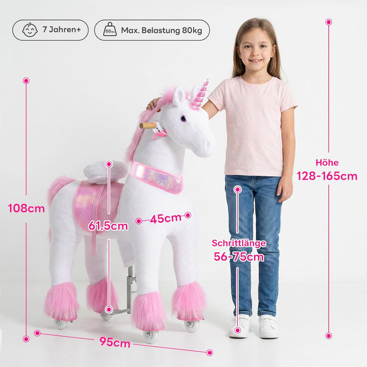 PonyCycle Einhorn zum Reiten, für Erwachsene/Kinder ab 7, 76cm Hoch, Einhorn auf Rollen mit Handbrem