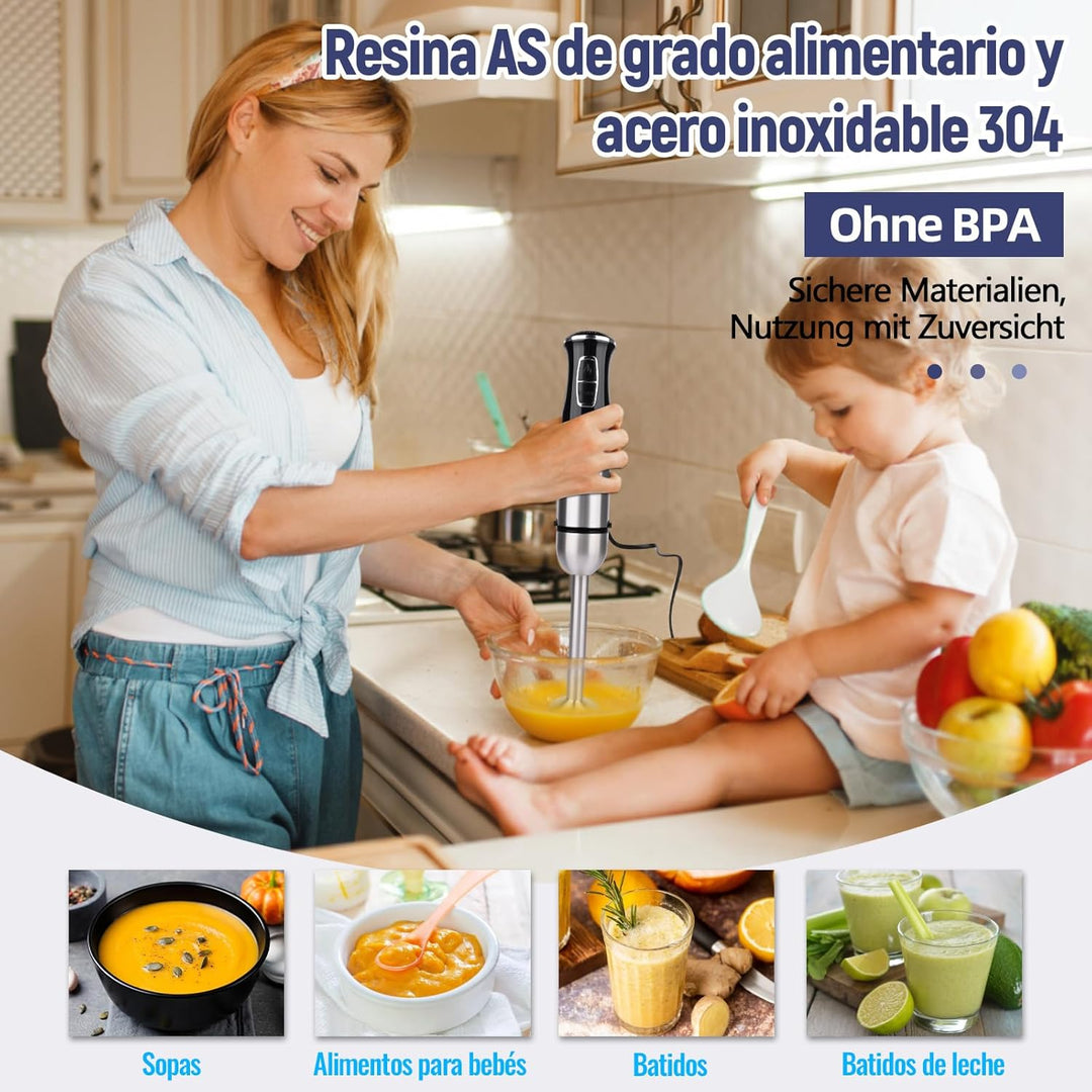 Stabmixer set, 5-en-1 Pürierstab Edelstahl Set,21 Gänge 1000W Milchschäumer Handheld, 600ml Messbech