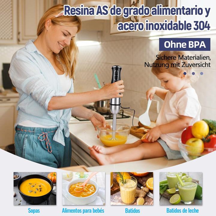 Stabmixer set, 5-en-1 Pürierstab Edelstahl Set,21 Gänge 1000W Milchschäumer Handheld, 600ml Messbech