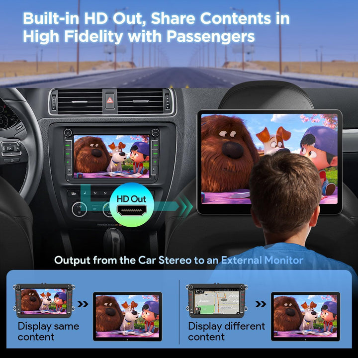 XTRONS Android 14 Autoradio für VW T5 Golf 5 6 Passat B7 Polo, 8 Zoll QLED Touchscreen Qualcomm Octa