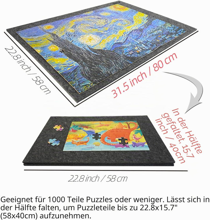 TELY Klappbare Puzzlematte aus Filz für bis zu 1000 Puzzleteile, faltbar zur einfachen Aufbewahrung,