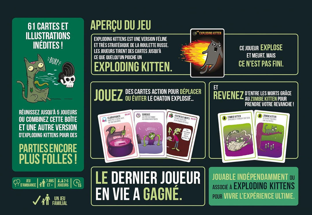 Zombie Kittens – Gesellschaftsspiel – für 2 bis 5 Spieler – 7 Jahre und älter – Spiel auf Französisc