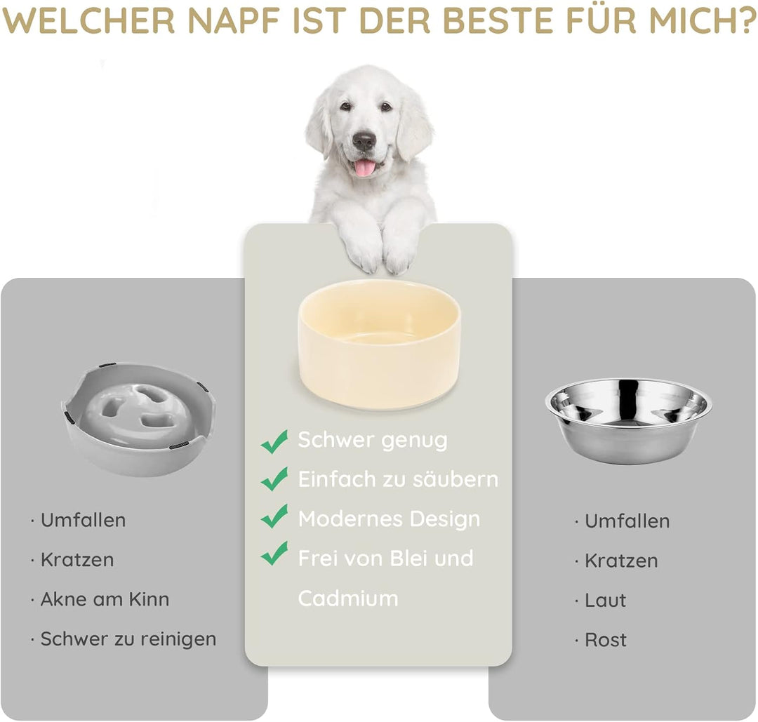 SPUNKYJUNKY Keramik Doppel Futternapf mit Bambus Ständer für Katzen und Hunde (850ml, Beige) Beige D