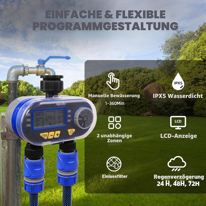 Garten Bewässerungscomputer Wasser Zeitschaltuhr Automatische Bewässerungsuhr mit Zwei Auslässen Was