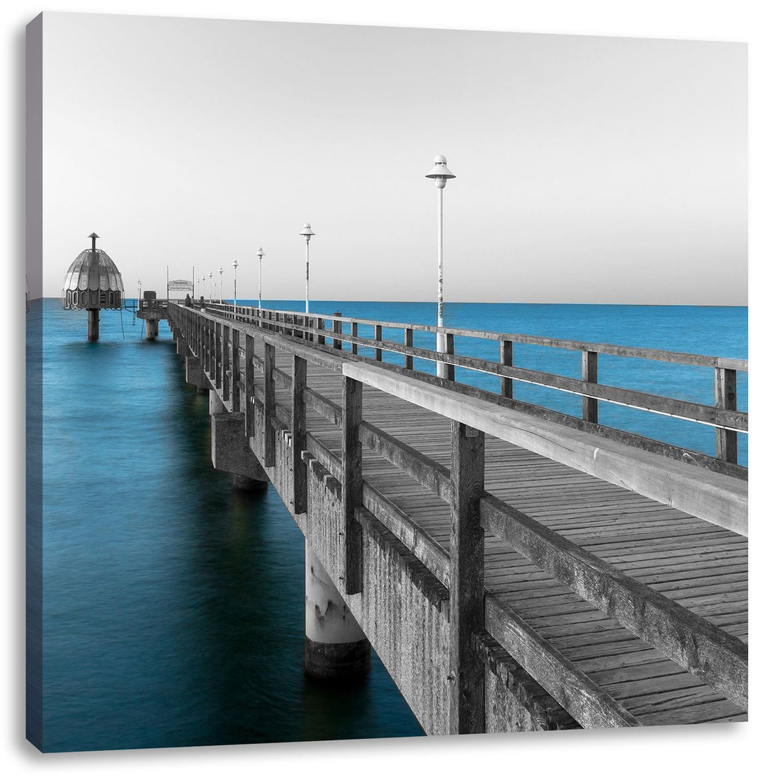 Langer Pier Steg ins Meer schwarz/weiss, Format: 70x70 auf Leinwand, riesige Bilder fertig gerahmt m