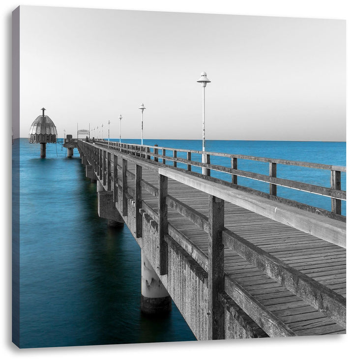 Langer Pier Steg ins Meer schwarz/weiss, Format: 70x70 auf Leinwand, riesige Bilder fertig gerahmt m