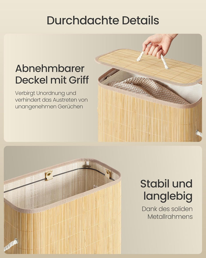SONGMICS Wäschekorb mit Deckel, 60 L, Wäschesammler Bambus, rechteckig, Wäschebox mit Griffen, faltb