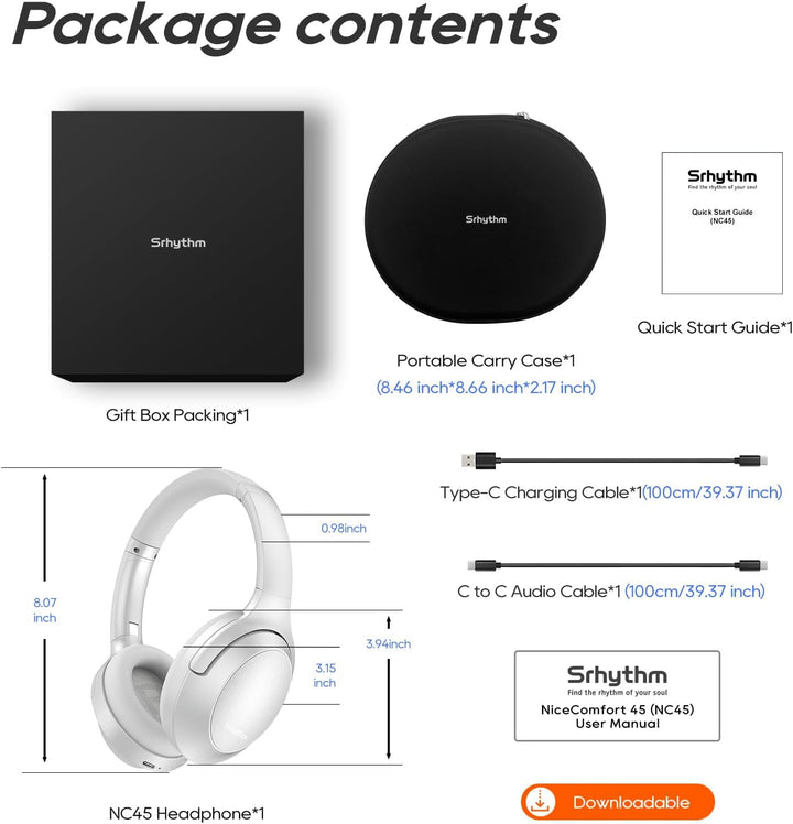 Srhythm NiceComfort 45 Active Noise Cancelling Headphone, drahtlose Bluetooth-Kopfhörer mit Transpar