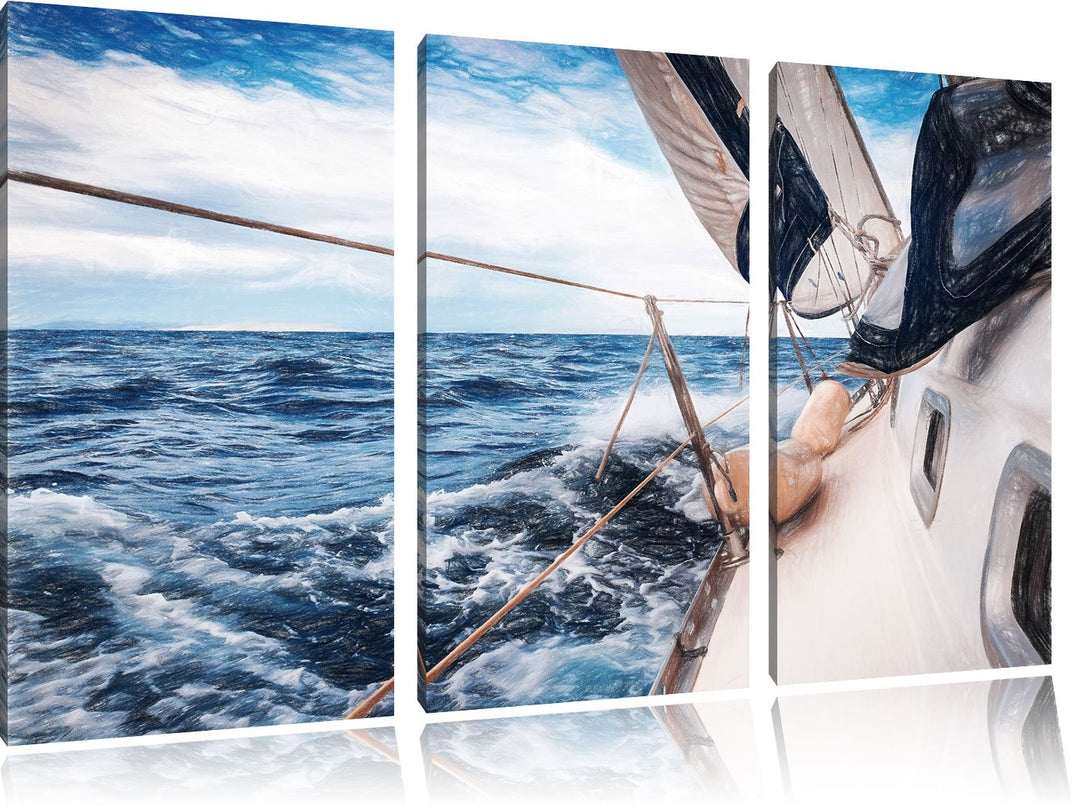 Pixxprint Die weissen Segel der Yacht Kunst Buntstift Effekt 3-Teiler Leinwandbild 120x80 Bild auf L