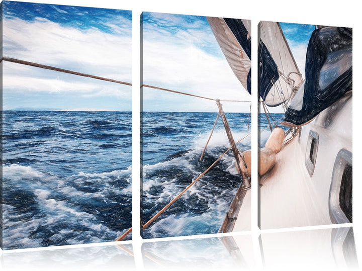 Pixxprint Die weissen Segel der Yacht Kunst Buntstift Effekt 3-Teiler Leinwandbild 120x80 Bild auf L