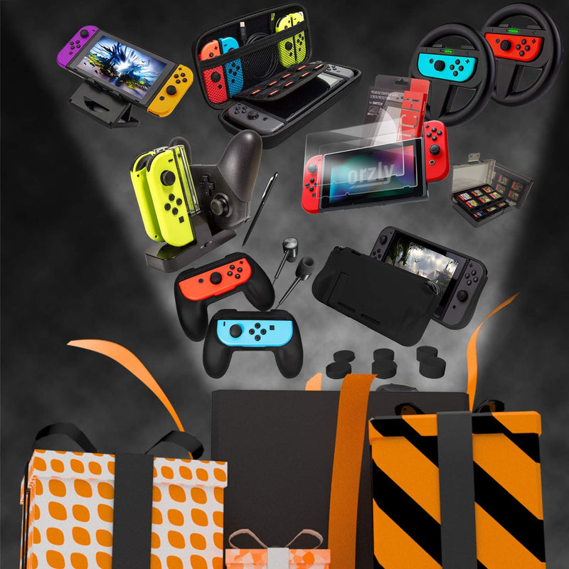 Orzly Switch Accessories Bundle Geek Pack for Nintendo Switch: Case & Screen Protector, Joycon Grips