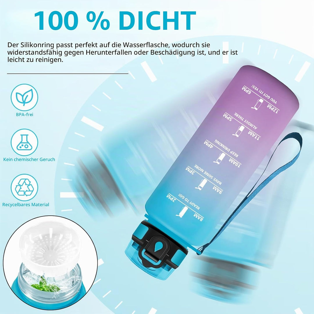 HoneyHolly Trinkflasche 1500ML, Sportflasche mit Filter, Wasserflasche, Auslaufsicher mit Zeitmarkie