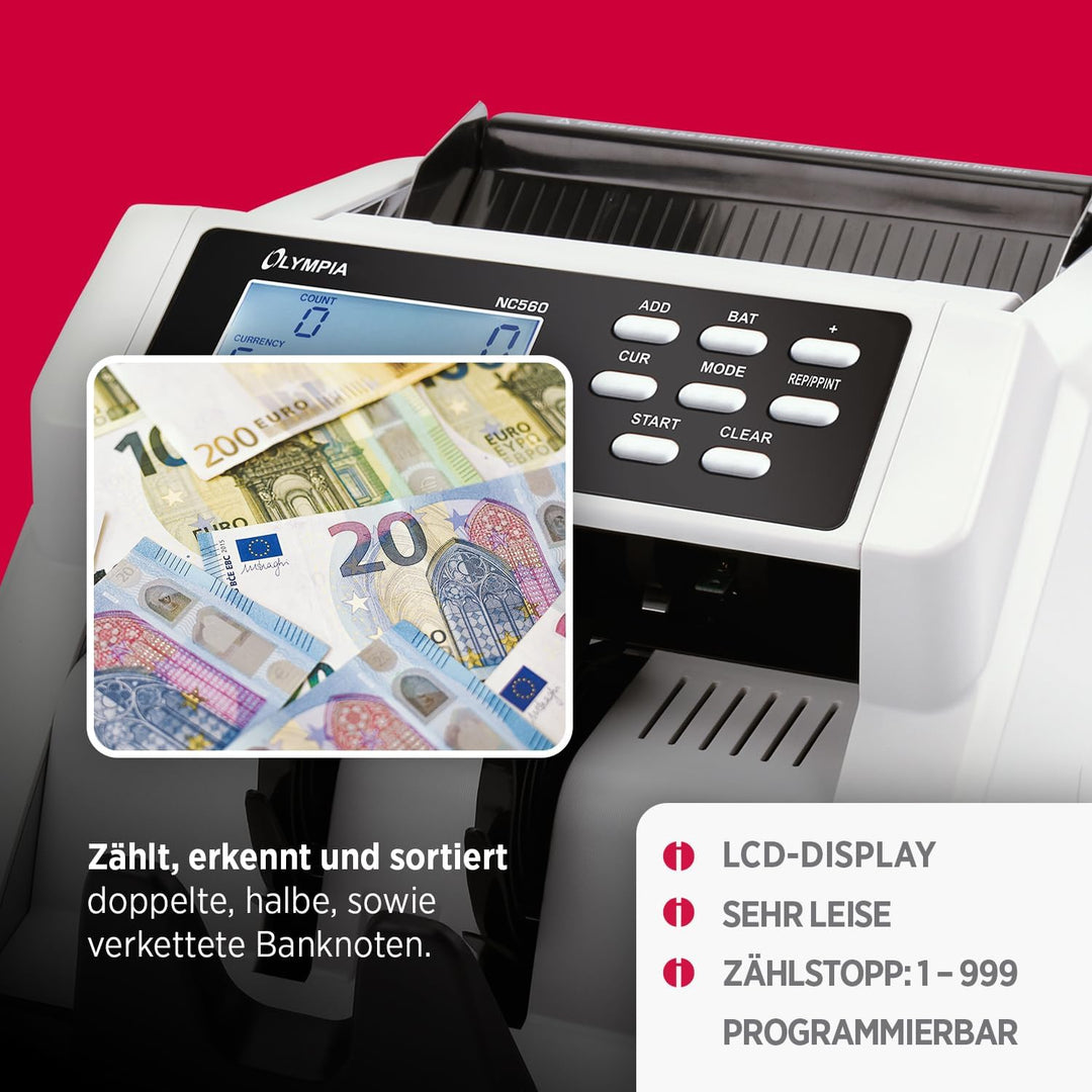 Olympia NC 560 Geldzähler (für Scheine, Echtheitsprüfung, Additionsfunktion, LCD-Display, Geldzähl-M