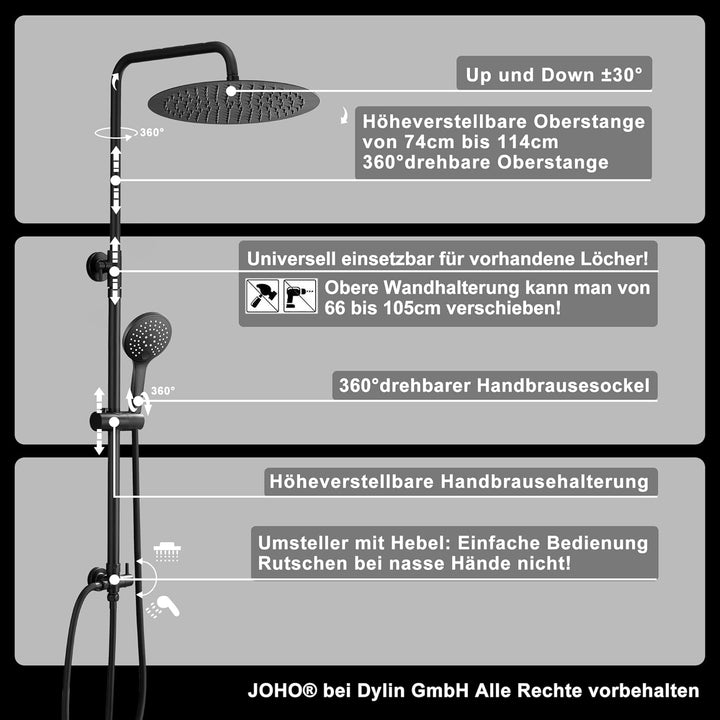 Görbach Duschset Duschsystem Überkopfbrauseset Duschstange Duschsäule ohne Duscharmatur matt schwarz