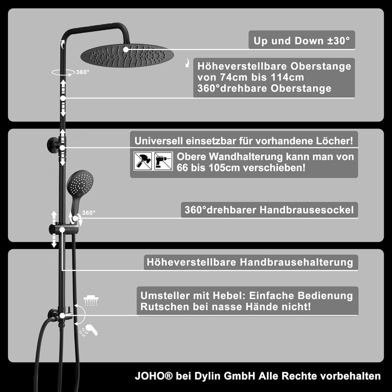 JOHO Regendusche Duschset ohne Armatur, Edelstahl Duschsystem mit Duschstange, Kopfbrause D20cm Schw