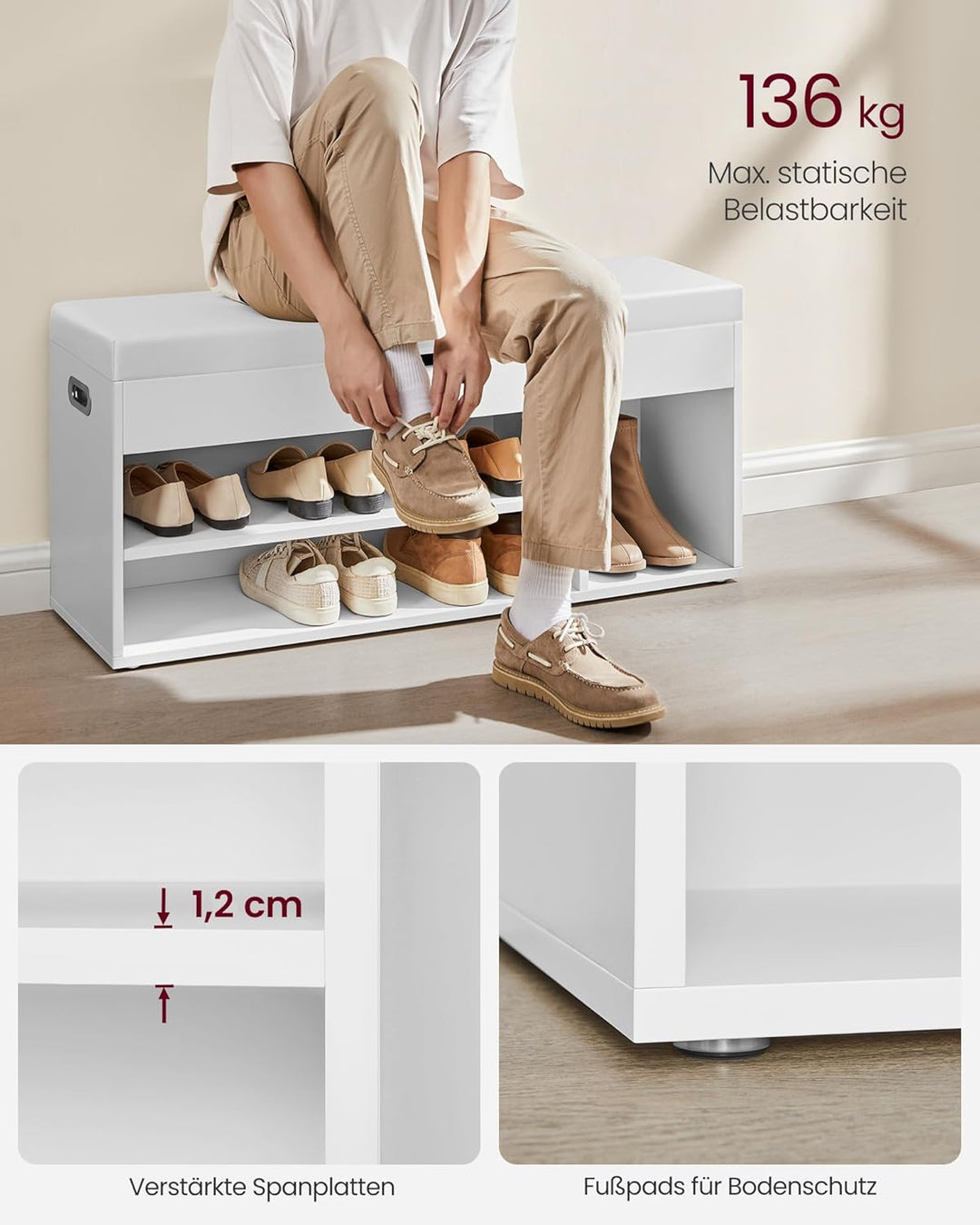 VASAGLE Custos Kollektion - Schuhbank mit Sitzfläche, Sitzbank mit Stauraum, gepolstert, Sitzkissen,