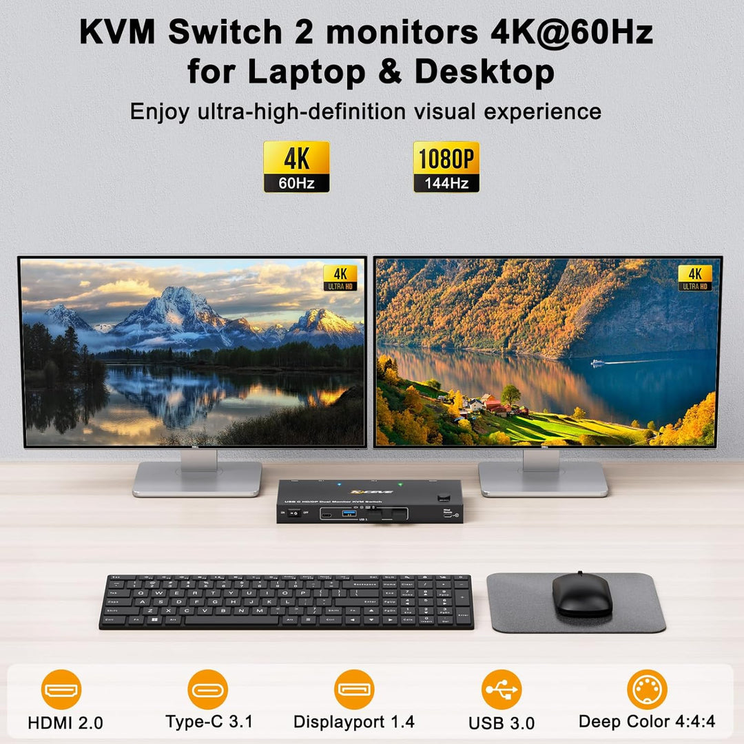 KVM Switch Laptop PC 2 Monitore, KVM Switch 2 PC 2 Monitore USB C DP HDMI Teilen 4 USB 3.0 Ports, 4K