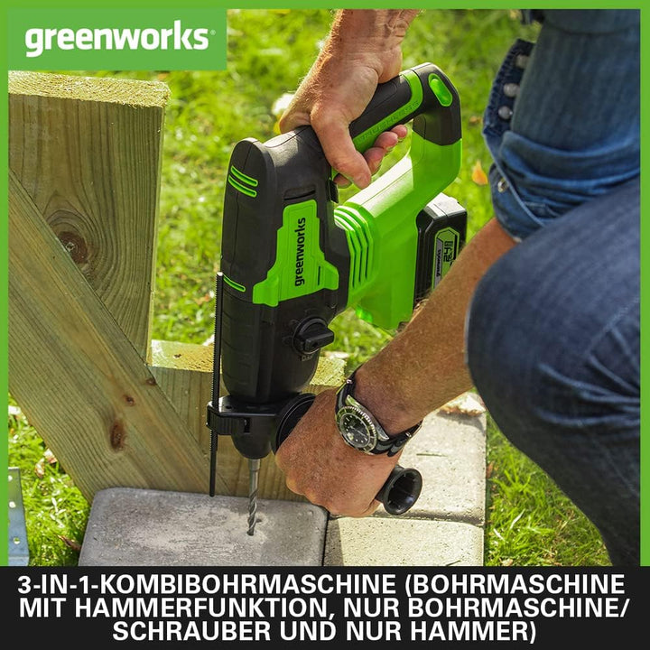 Greenworks GD24SDS2 Akku Bohrhammer SDS mit bürstenlosem Motor, 0-1000 U/min, 0-4500ipm, 2 Joule Sch