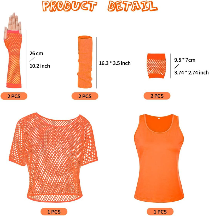WILDPARTY 80er 90er Jahre Outfit Damen, Netzshirt, Tank top, Beinwärmer, Netzhandschuhe, Kostüm 80er