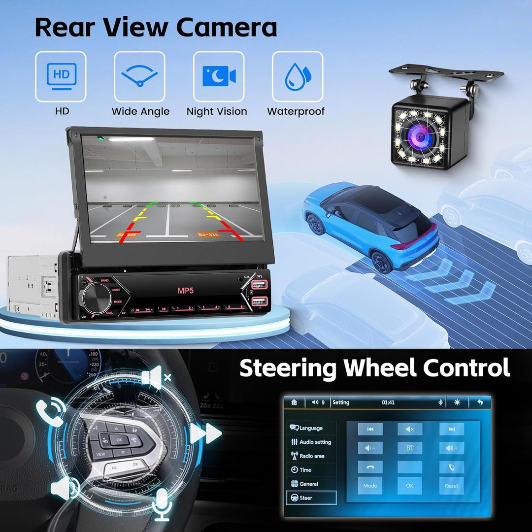 Hikity Autoradio 1 Din Bluetooth Bildschirm 7 Zoll Touch Ausfahrbarem Display Auto Radio mit Rückfah