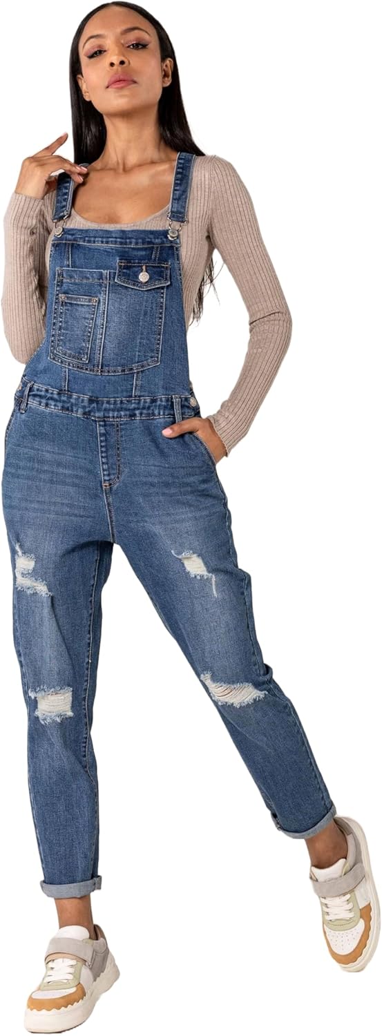 Nina Carter Damen Latzhose Jeans Boyfriend Denim Overall Jumpsuit Used-Look Sommeroverall M Blau (S5