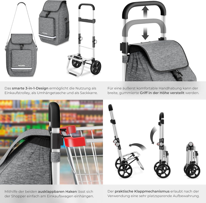 tectake® Einkaufstrolley 3-in-1 klappbar mit Kühltasche, 30 kg belastbar, 45,5 L, Einkaufsroller, Sh