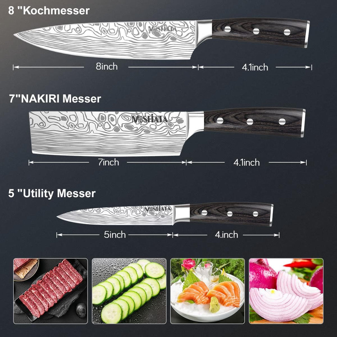 MOSFiATA Küchenmessersets, Küchenmesser Set 3, Kochmesser aus Hochwertigem Carbon Edelstahl, Hackmes