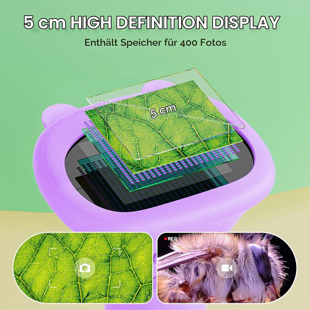 Mikroskop für Kinder, Ashfly 1000X Taschenmikroskop mit 2,0" IPS-Bildschirm USB Microscope Lupe, 8 L