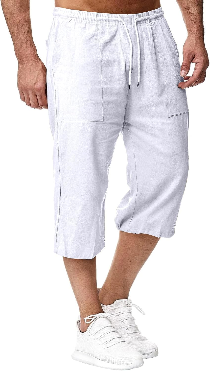 Remxi Herren-Shorts, 3/4-Leinen-Shorts, lockere Passform, Sommer, lässige Cargohose M Weiss, M Weiss