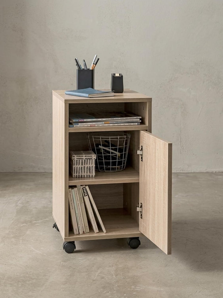KADIMA DESIGN Rollcontainer OSSOLA: Weiss/Sonoma, 2 Türfächer, Ablagefach, Rollen mit Bremsen, Melam