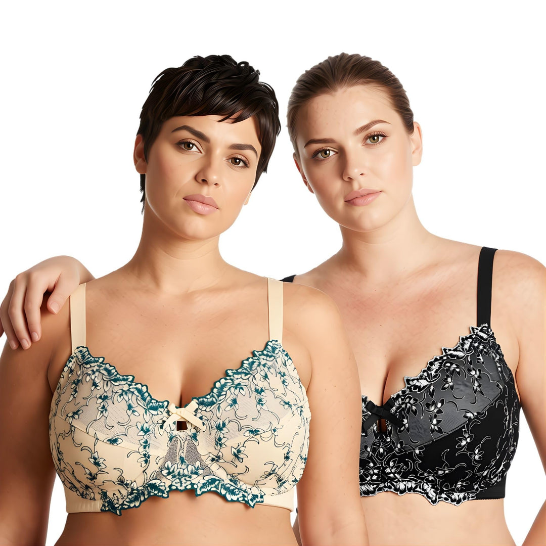 Curve Muse Damen Leicht Gepolstert Bügel Stickerei Spitzen BH-2er Pack 75D Schwarz,nackt(2er Pack),