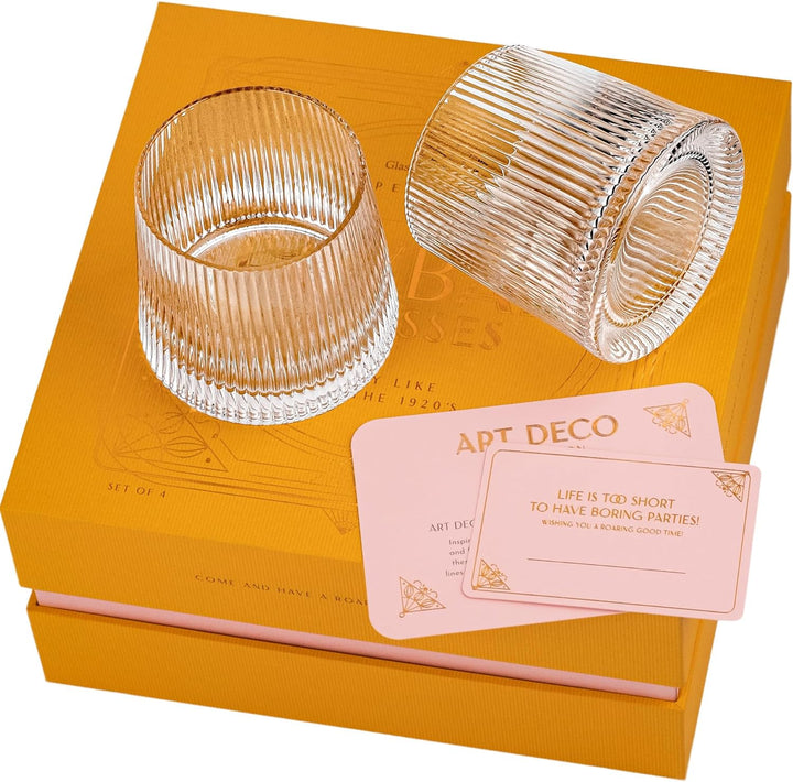 GLASSIQUE CADEAU Vintage Art Deco Speakeasy Gerippte Gin + Rum Rocks Cocktailgläser | 4er Set | 260
