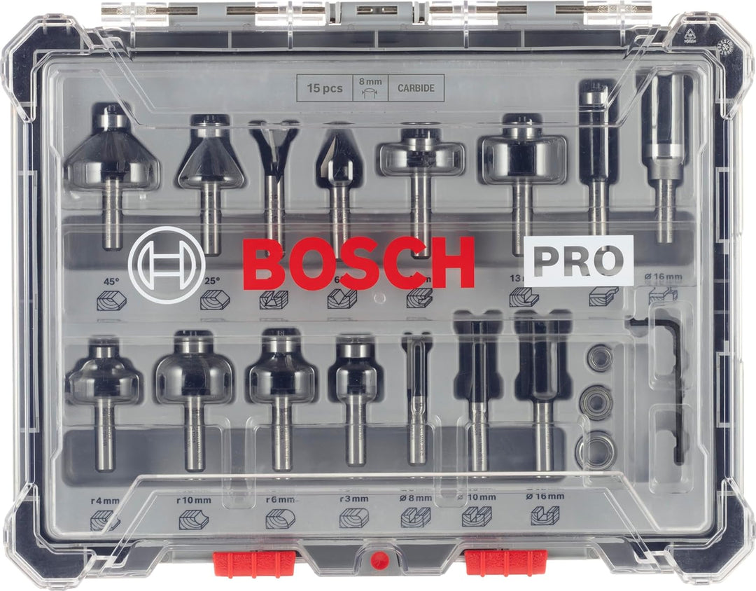 Bosch Accessories 15tlg. Fräser Set (für Holz, Zubehör für Oberfräsen mit 8 mm Schaft) Fräser Set 15