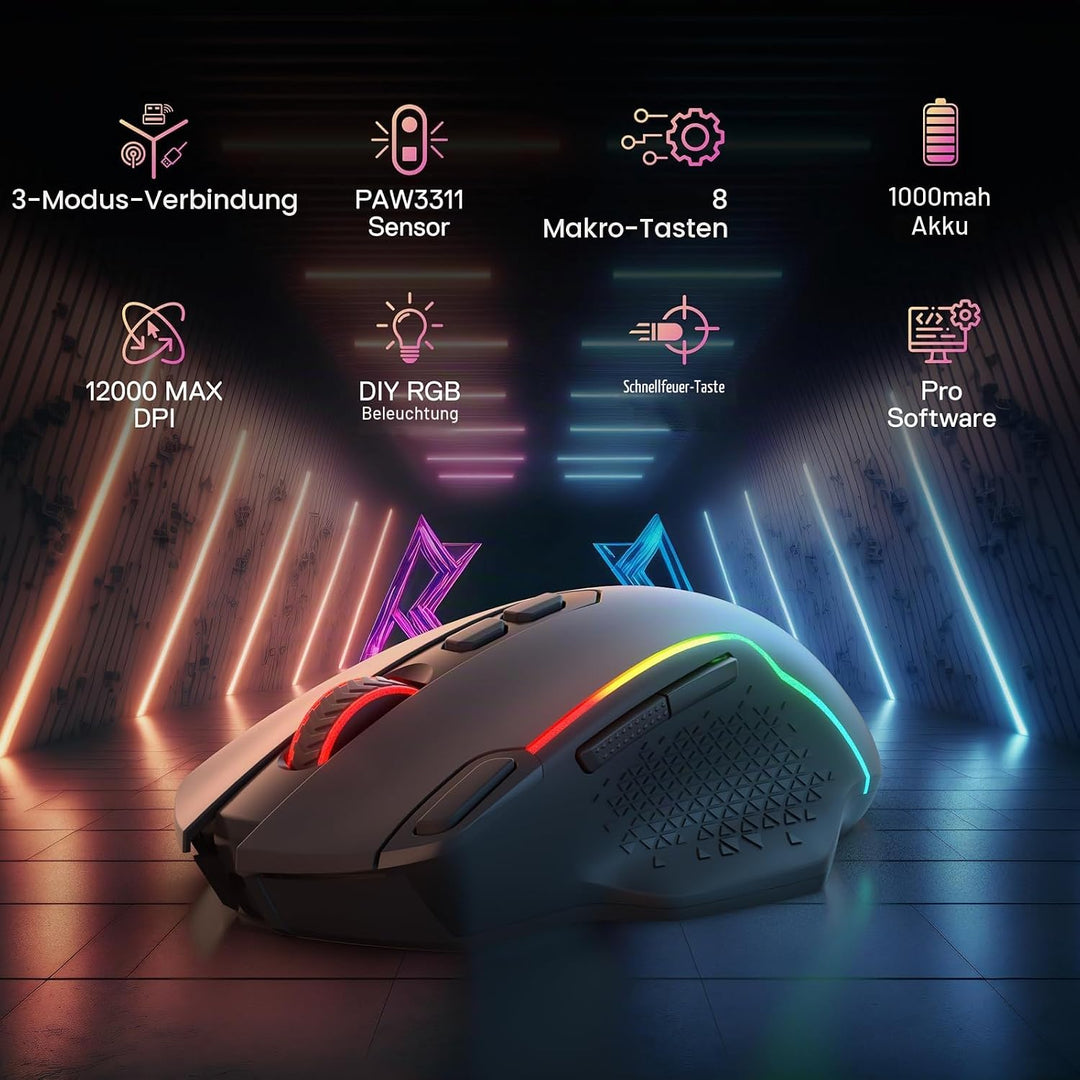 Redragon M810 MAX 3-Modus-Funk-Gaming-Maus, 12000 DPI kabelgebundene/kabellose RGB-Maus mit Schnellf