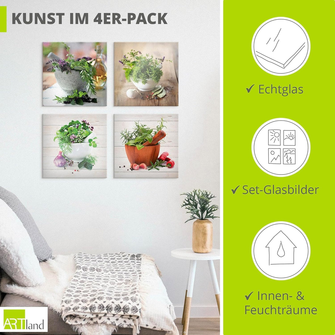 ARTland Glasbilder Wandbild Glas Bild Set 4 teilig je 20x20 cm Quadratisch Stillleben Küche Gewürze