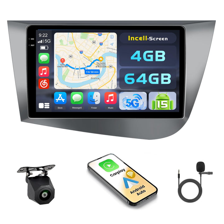 Hikity Android 15 4+64GB Autoradio für Seat Leon 2005-2012 mit 9 Zoll Incell Touchscreen, Autoradio