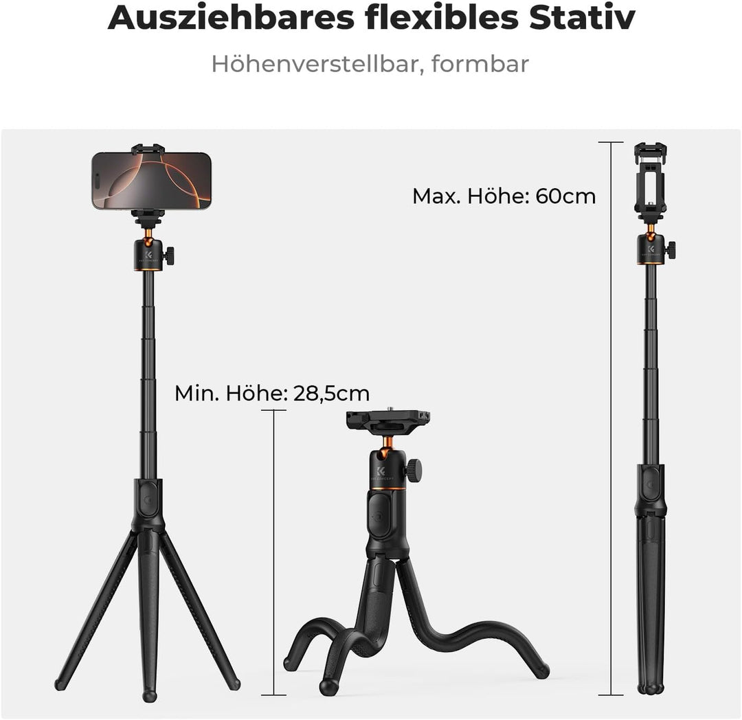 Handy Stativ,K&F Concept Flexibles Stativ für Smartphone & Kamera,MS29 Einziehbarer Selfie Stick,Min
