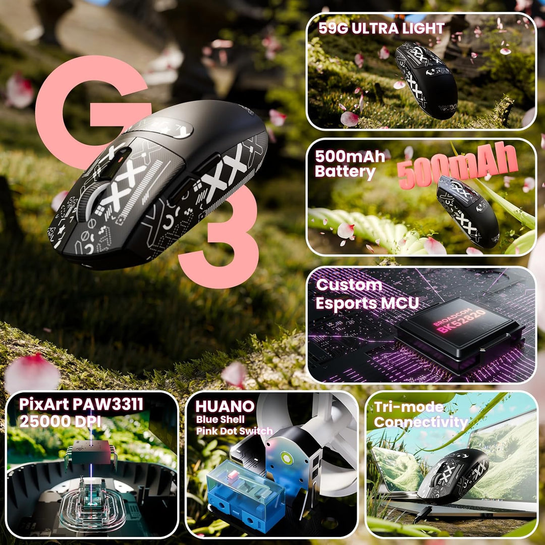 ATTACK SHARK G3 Kabellose Gaming-Maus, 25000 DPI, PAW3311-Sensor, 59g Superlight G305 Gamer-Mäuse, 8