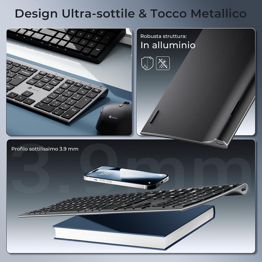 iClever Kabellose Bluetooth-Tastatur und Maus, Dual-Modus (Bluetooth + 2,4 G), wiederaufladbar, ital