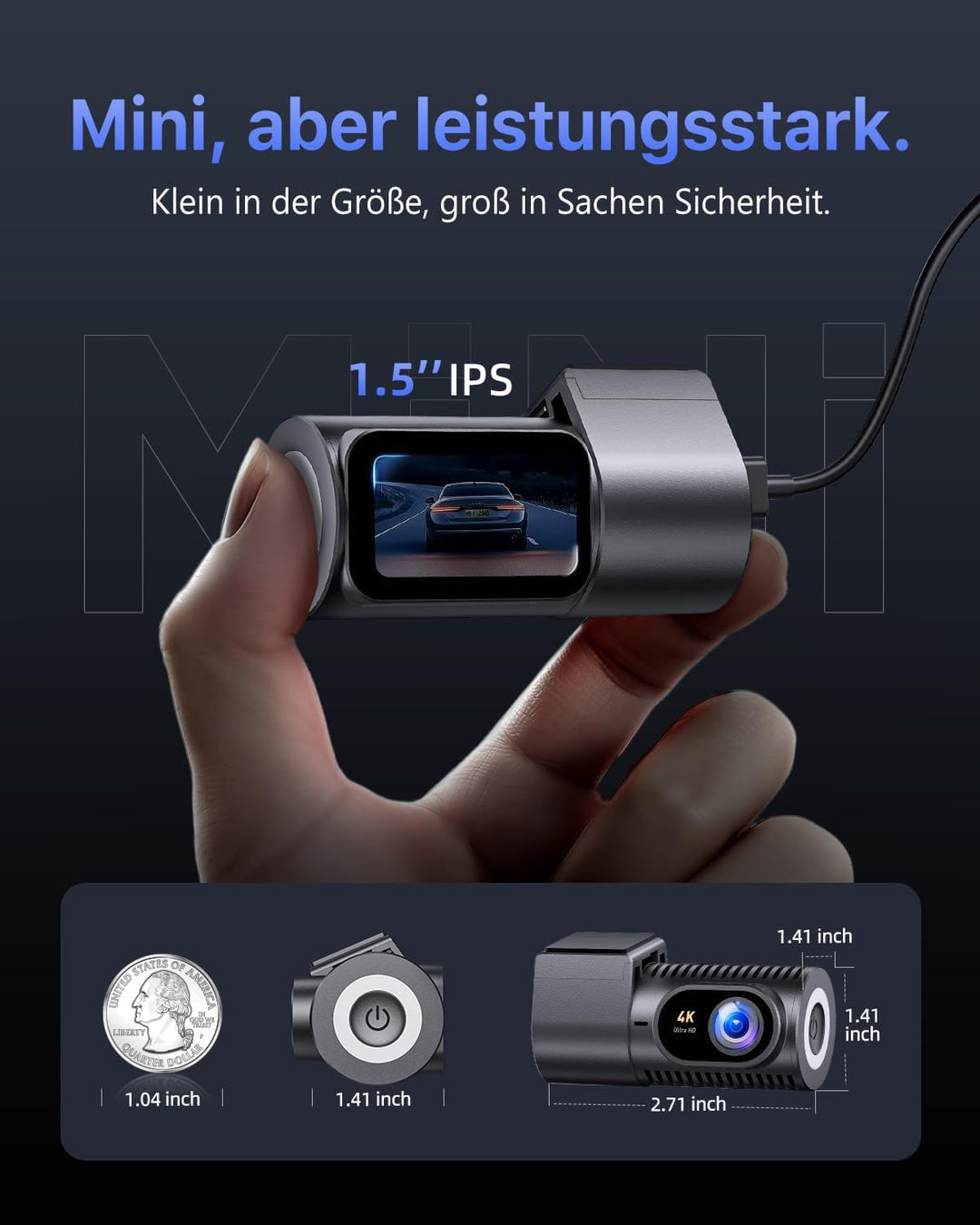 CIEVIE Dashcam Auto Vorne 4K, 1,5" IPS Display & 5G WiFi & 64GB Karte, 360° Drehbar Mini Dash Cam, A