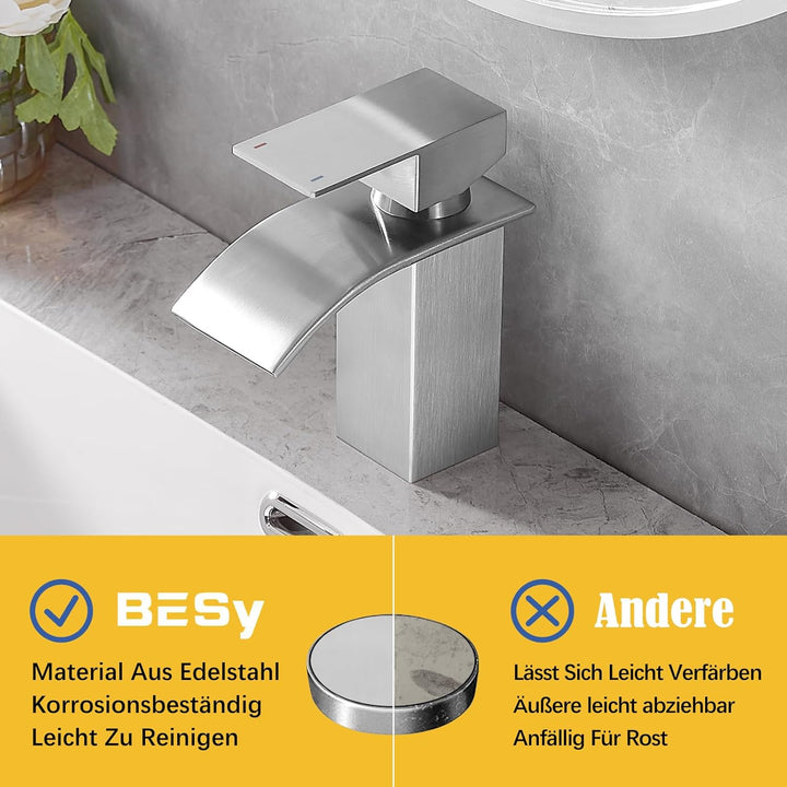 BESy Wasserfall Auslauf Badezimmer Waschtischarmatur, Einhebel-Waschtischmischbatterie, RV Waschbeck