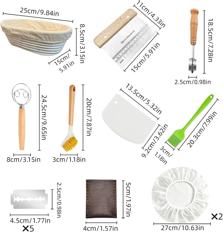 Gärkörbchen Set rund 23 cm aus natürlichem Rattan, Komplettes Brotbackset mit Bäckermesser, Teigscha