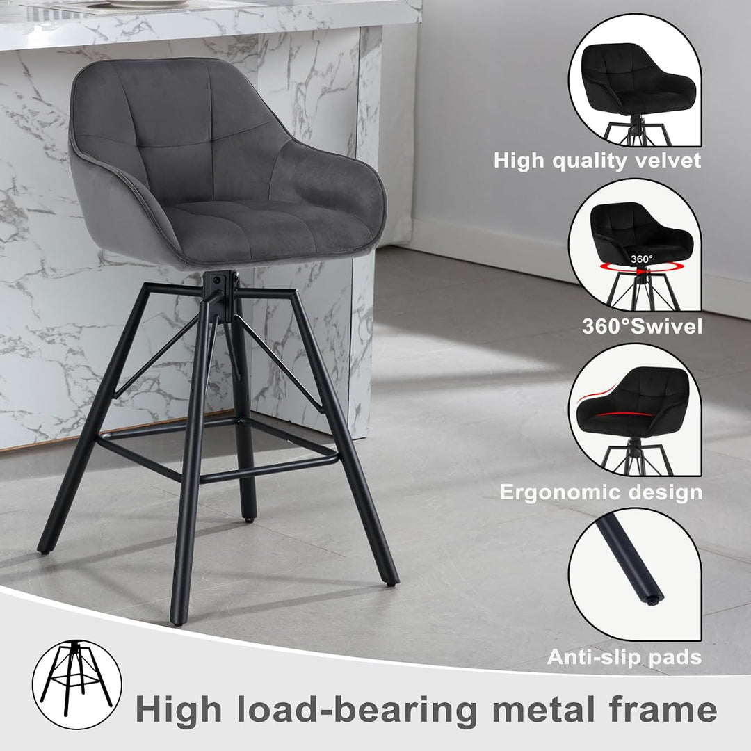 WOLTU Barhocker 2er Set, Barstuhl mit Lehne, Samt, Dunkelgrau | Bistrohocker 360°drehbar, Tresenhock