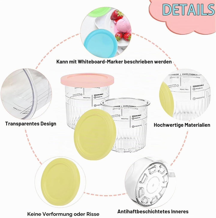 4 Stück Eiscreme Behälter,Mit vier Löffeln,Mit Deckel Wiederverwendbare Creami Tubs,Kompatibel mit N