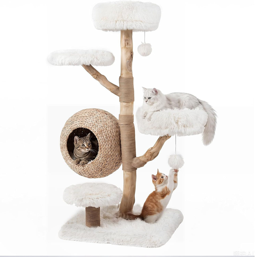COSTWAY Kratzbaum Holz, 134 cm hoch, Katzenbaum mit Katzenkorb (Weiss) | Katzenturm mit 4 Plüschsitz